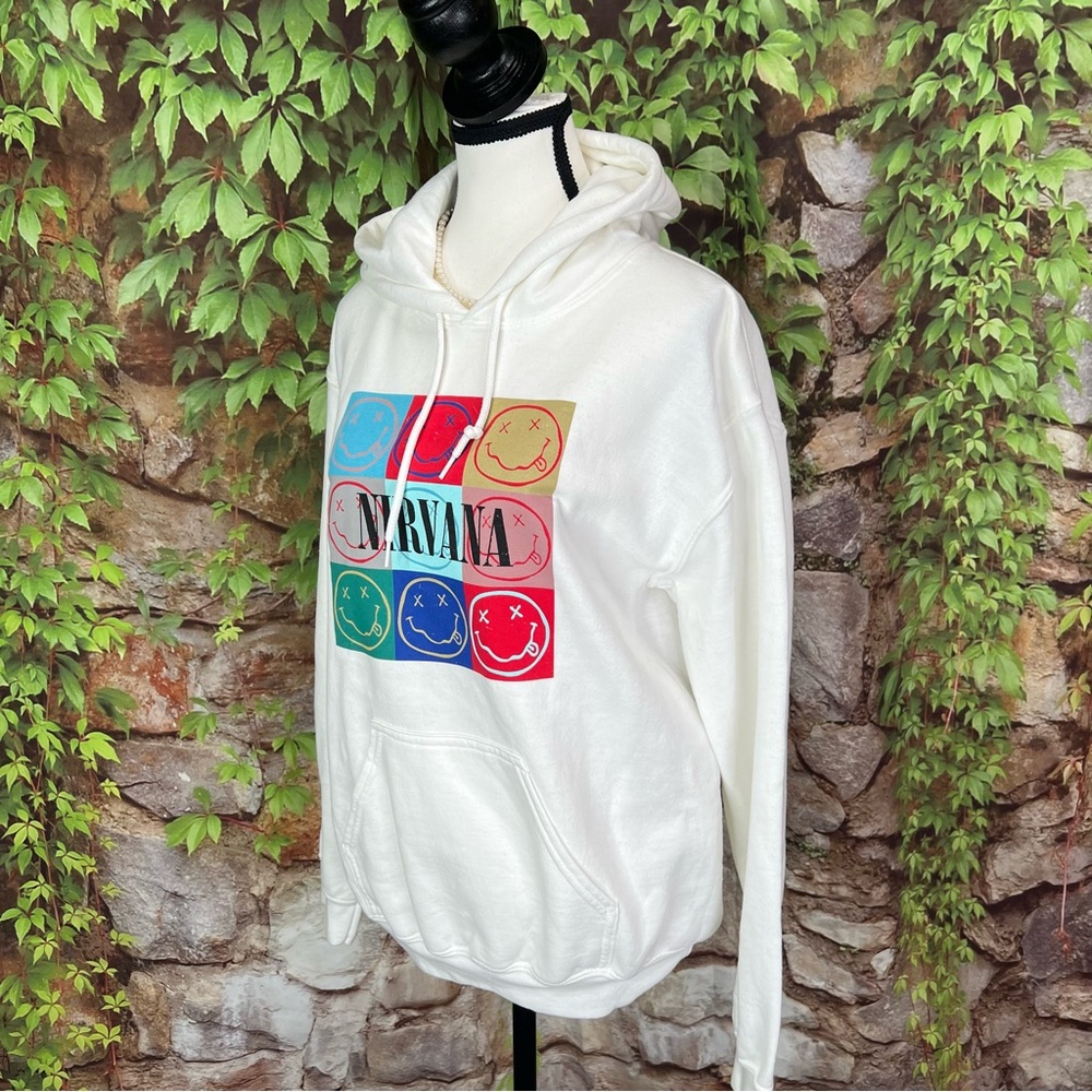 NIRVANA White Hooded Pop Art 90s Inspired Graphic French Terry Sweatshirt, XS - Picture 4 of 10